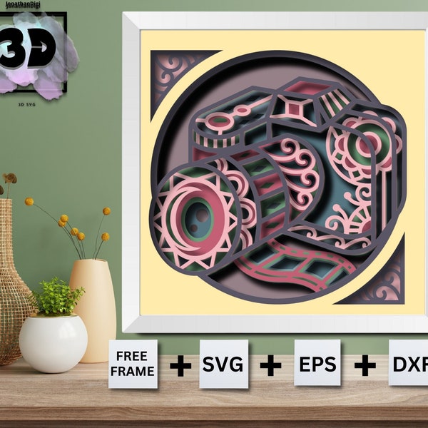 3D SVG Photo camera mandala Shadow Box, Home Decor, 3D SVG, Camera Shadow Box, Cardstock Svg, Silhouette Files, paper cut svg
