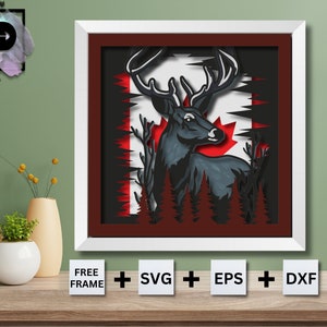 Deer Flag Shadow Box SVG, Canadian Deer Hunting SVG, 3D Canadian Flag Deer SVG, Layered Cardstock Paper Cut for Cricut