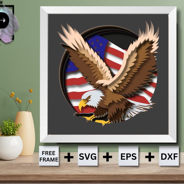 American Eagle Shadow Box SVG, 3D papercut lightbox svg file DIY, 3d Patriotic American Flag svg, 3D Eagle Shadow Box, Cricut Silhouette