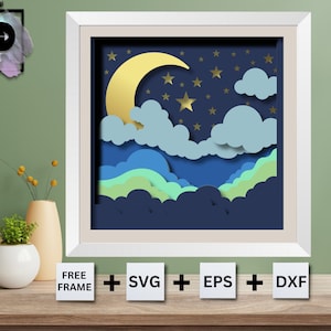 3D bewolkte hemel schaduw vak, 3D Mandala, maan schaduw vak, maan en sterren SVG, voor cricut, voor silhouet
