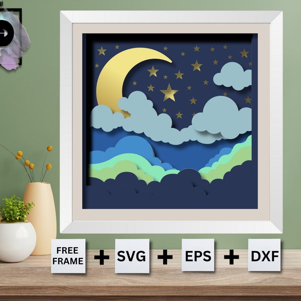 3d Cloudy Sky Shadow Box, 3D Mandala, Moon Shadow Box, Moon and Stars SVG, for cricut, for Silhouette