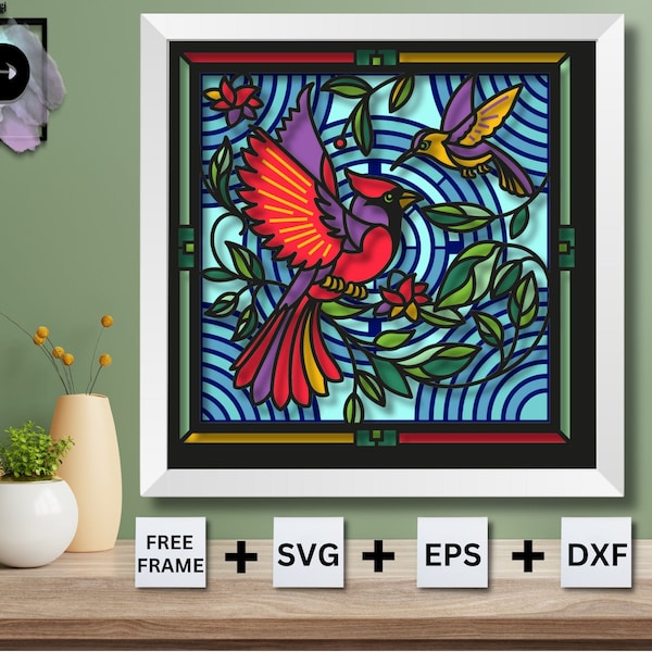 Cardinal Stained glass Shadow Box SVG Hummingbird stained glass Papercut svg, Mothers Day gift, Cricut Silhouette