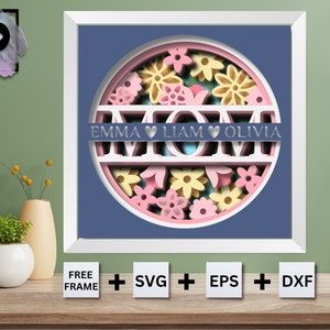 Scatola d'ombra personalizzabile in 3D GIORNO DELLA MAMMA, Scatola d'ombra mamma con fiori, Nomi personalizzati, Arte di carta a strati, File Cricut