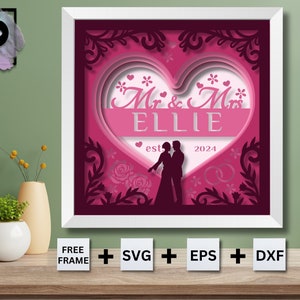 3D Customizable Wedding Shadow Box, Wedding Shadow Box, Custom Name Shadow Box, Layered Paper Art, Heart 3D SVG, Files For Cricut