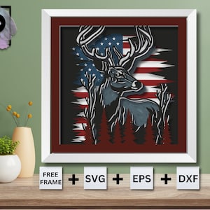 Deer Flag Shadow Box SVG, American Deer Hunting SVG, 3D American Flag Deer SVG, Layered Cardstock Paper Cut for Cricut