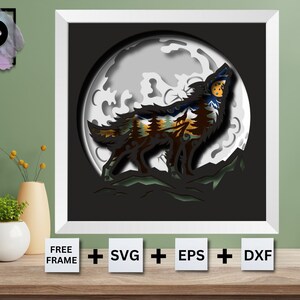 May include: A black and white digital illustration of a wolf howling at the moon. The wolf is silhouetted against a full moon with a detailed design of trees and mountains. The image is framed in a white frame.