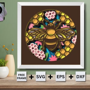 Puede incluir: Un archivo digital para un diseño de papercraft 3D de una abeja en un panal con flores. El diseño es circular y presenta colores amarillo, naranja, marrón, rosa y verde.
