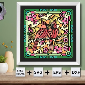3D Kardinal mit Sakura Stained Lass Shadow Box SVG, Vogel Schattenbox SVG, 3D Layered SVG, Muttertagsgeschenk, Cricut Silhouette