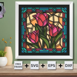 Vetro colorato Tulip Flower Shadow Box Svg, Fiore 3D Svg, Tulip Flower 3D SVG, Fiori di vetro colorato 3D, Cricut Silhouette