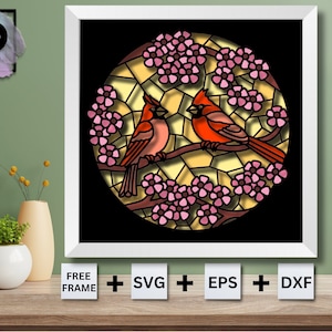 3D Cardinal Lovebirds Buntglas Schattenbox SVG, 3D Layered SVG, Muttertagsgeschenk, Cricut Silhouette
