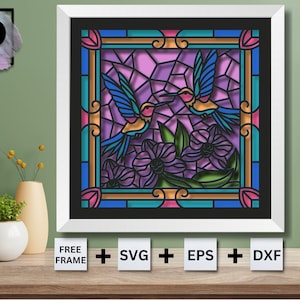 3D Blumen mit Kolibris Shadow Box SVG, 3D Frühling SVG, geschichtete Kolibris Buntglas 3D SVG, 3D Blumen SVG, Cricut Silhouette