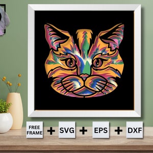 Chat 3D en couches SVG pour papier cartonné, chat coloré multicouche, Mandala décoratif Pop Art, boîte d’ombre de chat 3D SVG, pour Cricut