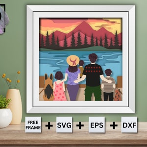 Customizable FamilyPortrait Shadow Box SVG, Mountain, and Sunset  Mom, Dad, Kids, Dog and Cat  Memorial Pet Personalized Layered SVG Cricut