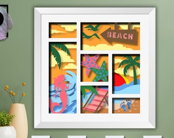 3D SVG Sunset Beach Shadow Box, Square Gallery 3D SVG, Panneau de plage, Empreintes SVG, Summer Beach, Plage en couches pour Cricut, Silhouette