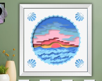 3D SVG Sunset Ocean Shadow Box, Beach Sunset, Sea Waves Beach, Shell SVG, Summer SVG, Circle Layered pour Cricut, Silhouette