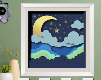 3d Cloudy Sky Shadow Box, 3D Mandala, Moon Shadow Box, Moon and Stars SVG, for cricut, for Silhouette