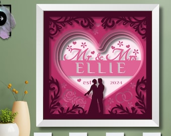 3D Customizable Wedding Shadow Box, Wedding Shadow Box, Custom Name Shadow Box, Layered Paper Art, Heart 3D SVG, Files For Cricut
