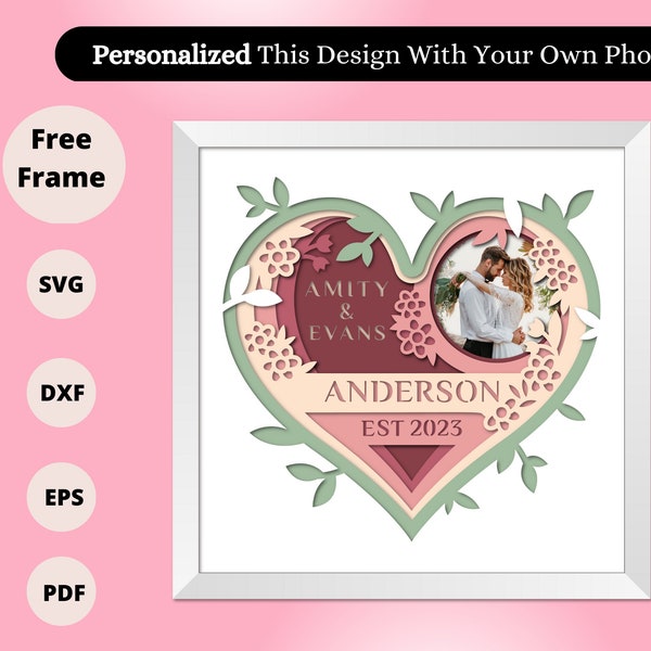 3D CUSTOMIZABLE WEDDING Shadow Box svg, Custom Name, Layered Paper Art, Heart 3D SVG, Files For Cricut