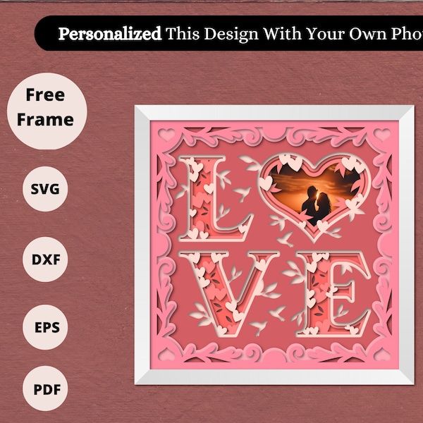 3D Customizable Heart Love Shadow Box, Custom Photo, Valentines Day Shadow Box, Layered Paper Art, Files For Cricut and Silhouette