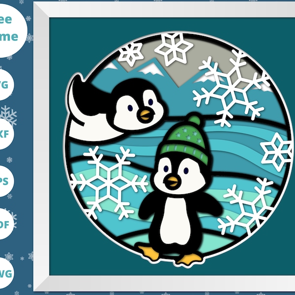 3D PENGUIN SVG, Penguins Playing Shadow Box SVG - Winter Shadow Box - for Cricut - for Silhouette