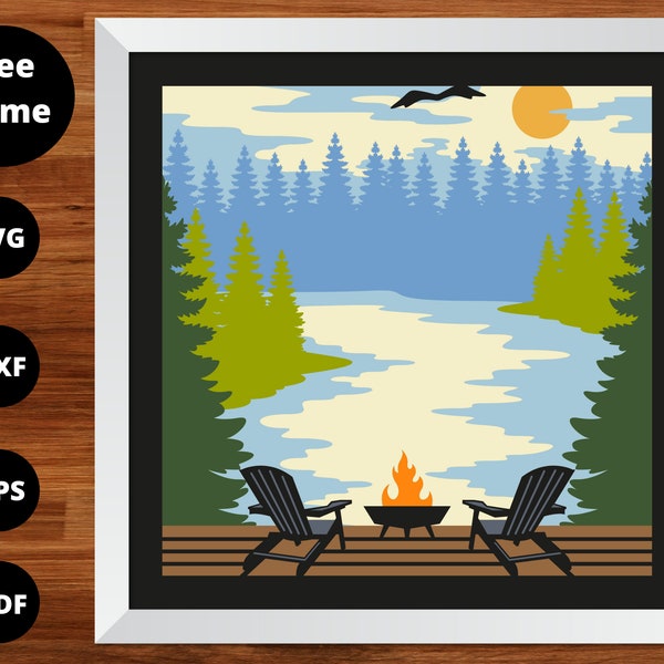 Lake 3D Shadow Box SVG, Camping Shadow Box SVG, Lake Scene Chairs Campfire 3D Svg, Lake And Forest Scene Svg, Beach Sunset Shadow Box, DIY