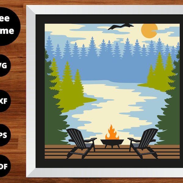 Lake 3D Shadow Box SVG, Camping Shadow Box SVG, Lake Scene Chairs Campfire 3D Svg, Lake And Forest Scene Svg, Beach Sunset Shadow Box, DIY