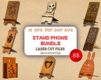 8 supports de téléphone en bois découpés au laser SVG | Modèle de support de téléphone portable pour Glowforge et Cricut | Téléchargement numérique | Jonathandigi