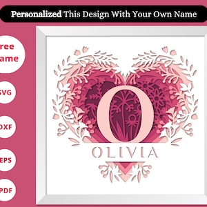 3D Love Split Monogramm A-Z Schattenbox, individueller Name, 3D Herz der Liebe Schattenbox mit individuellem Namen, Familienschild, Alphabet Familienname SVG