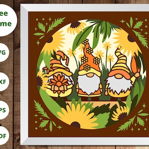 Gnomes et tournesols 3D svg, Boîte d’ombre de tournesol svg, Gnomes svg, 3d Layered svg, 3d svg, Cardstock svg, Fichiers pour Cricut
