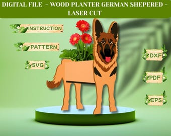 Planteur de berger allemand SVG | Modèle de jardinière en bois pour chien | Modèle de pot de jardin découpé au laser et à la scie à chantourner | Fichier numérique PDF DXF | Jonathandigi