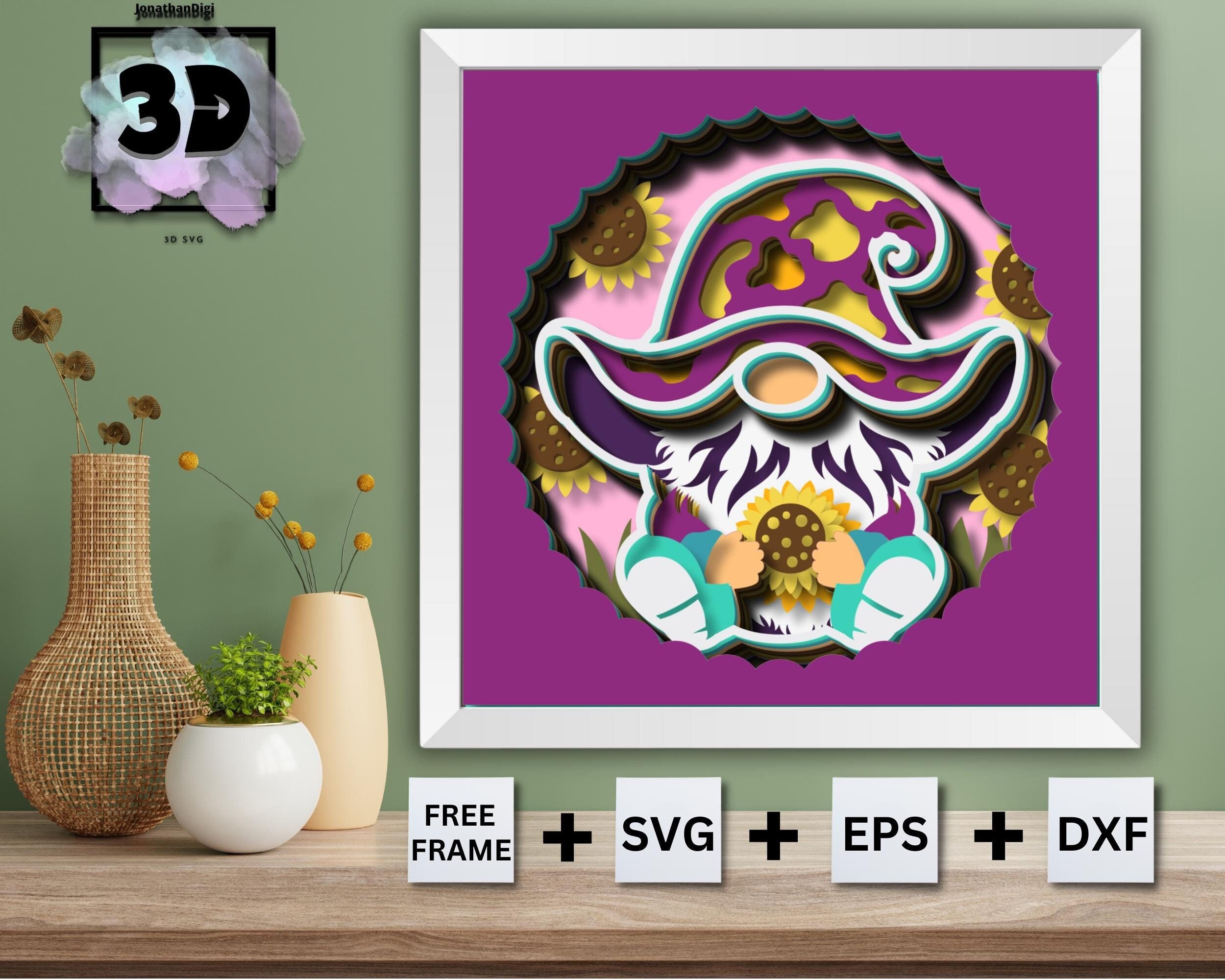 Sunflower Gnome Shadow Box SVG, 3D Gnome SVG, Layered Sunflower SVG, Shadow Box svg, Mandala svg for Cricut, Gnome svg, 3D Layered svg