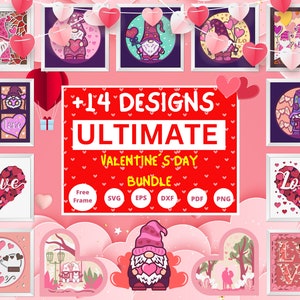May include: A digital download of 14 Valentine's Day designs featuring gnomes, hearts, and the words "Love" and "Love You". The designs are available in SVG, EPS, DXF, PDF, and PNG formats.  The designs are perfect for crafting, scrapbooking, and other creative projects.