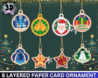 Ornements de vacances Papercut SVG, Arbre de Noël festif, Bonhomme de neige, Bonhommes en pain d’épice, Père Noël, scène de cerf de Noël, Nativité, cloches
