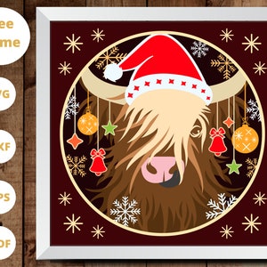 3D HIGHLAND COW Svg, CHRISTMAS Highland Cow Shadow Box Svg, Christmas Layered Papercut, Pour Cricut - Pour Silhouette