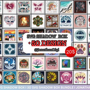 Puede incluir: Una colección de diseños cuadrados, cada uno con intrincados patrones recortados. Los diseños incluyen motivos florales, arte de nombres personalizados e ilustraciones con temas de la naturaleza. La imagen también incluye el texto "SVG SHADOW BOX +50 DESIGN @JonathanDigi 20$".