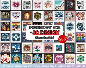 Lot de 50 boîtes d'ombre 3D SVG | Fichiers de découpe de papier en couches pour Cricut | Art SVG de boîte à lumière DIY | Conceptions de boîtes d'ombre multicouches | Jonathan Digi
