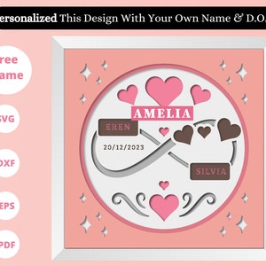 Caixa de sombra infinita personalizada 3D - Nomes e datas de casais personalizados Svg Arquivos de presente para amantes de casamento do dia dos namorados para Cricut