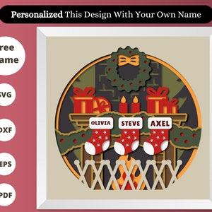 Puede incluir: Una ilustración digital de una chimenea con una corona, calcetines y regalos. Los calcetines están personalizados con los nombres "Olivia", "Steve" y "Axel".
