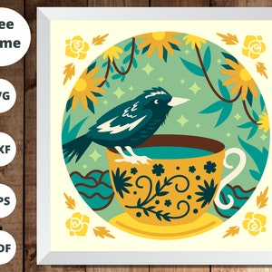 3D Bird on a Tea Cup SVG, 3d Bird shadow box svg, Layered svg, Svg Files for Cricut,3d svg