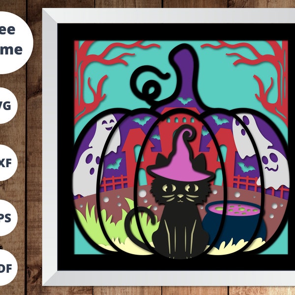 3D PUMPKIN CAT Svg, Halloween Pumpkin, Black Cat Svg , Halloween shadow box svg, for cricut - for silhouette