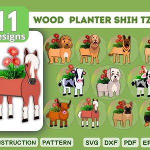 11 Houten Plantenbak SVG Bundel | Dierentuin Plantenbak Lasergesneden, Figuurzaagpatronen | Sjablonen voor plantenbakken met honden, boerderijen en huisdieren | Digitale download