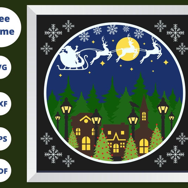 3D Christmas Night Svg, Santa Sleigh Shadow Box Svg, Starry Forest Svg, Cardstock Svg - For Silhouette - For Cricut