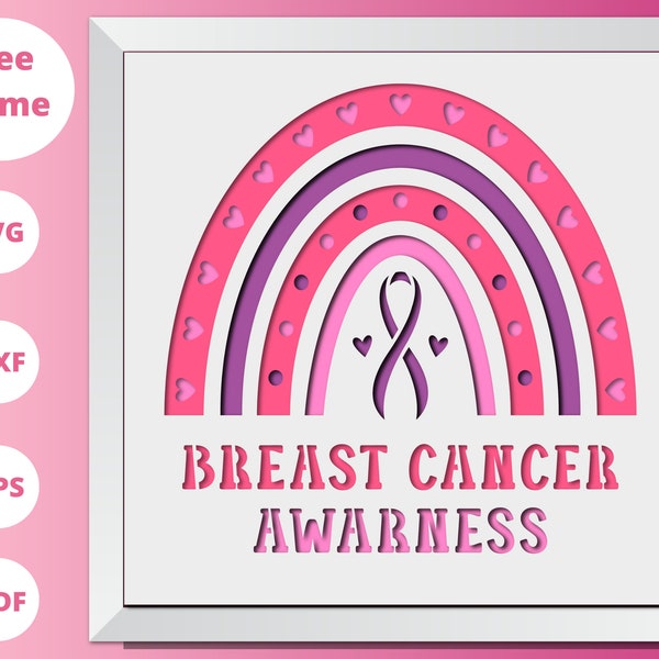 3D Breast CANCER AWARENESS Rainbow SVG , Pink Ribbon Shadow Box Svg, Layered Paper Art, For Cricut and Silhouette