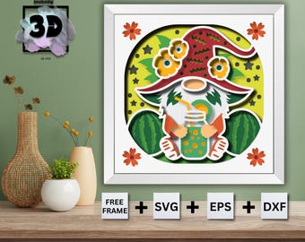 Pastèque Gnome Shadow Box SVG, 3D Gnome SVG, Pastèque Gnome Layered SVG, Shadow Box svg, Mandala svg pour Cricut, Summer Gnome svg