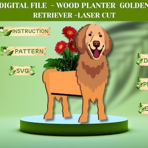 Puede incluir: Una jardinera de madera cortada con láser con forma de Golden Retriever, con flores rojas. La jardinera está sobre una plataforma verde. El texto incluye "DIGITAL FILE - WOOD PLANTER GOLDEN RETRIEVER -LASER CUT", "INSTRUCTION", "PATTERN", "SVG", "DXF", "PDF", y "EPS".