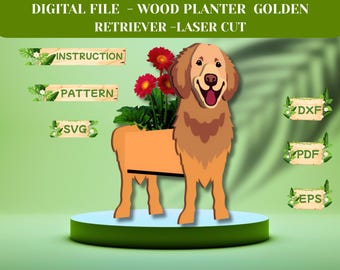 Jardinière Golden Retriever SVG | Modèle de jardinière en bois pour chien | Scie à chantourner et gabarit découpé au laser pour décoration de jardin | Fichier numérique | JonathandDigi