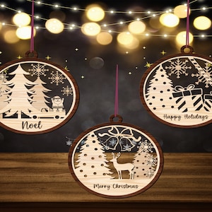 3 différents arbre d’ornement de Noël SVG - Décorations d’arbre de boules de Noël - Cerf de scène enneigé - Fichier découpé au laser pour les ornements d’arbre de Noël