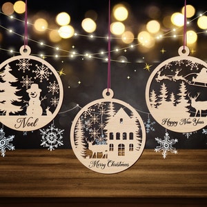 Boules de Noël Décorations d’arbre SVG - Décorations d’arbre de boules de Noël - Scène enneigée Cerf découpé au laser - Boule suspendue artisanale