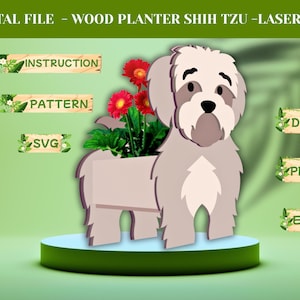 Shih Tzu Pflanzer SVG | Vorlage für einen Pflanzkübel aus Holz mit Hunden | Gartendeko-Dekosägenmuster | Lasergeschnittene digitale Datei PDF DXF | Jonathandigi