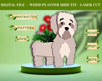 Jardinière Shih Tzu SVG | Modèle de jardinière en bois pour chien | Motif de scie à chantourner pour décoration de jardin | Fichier numérique découpé au laser PDF DXF | Jonathandigi